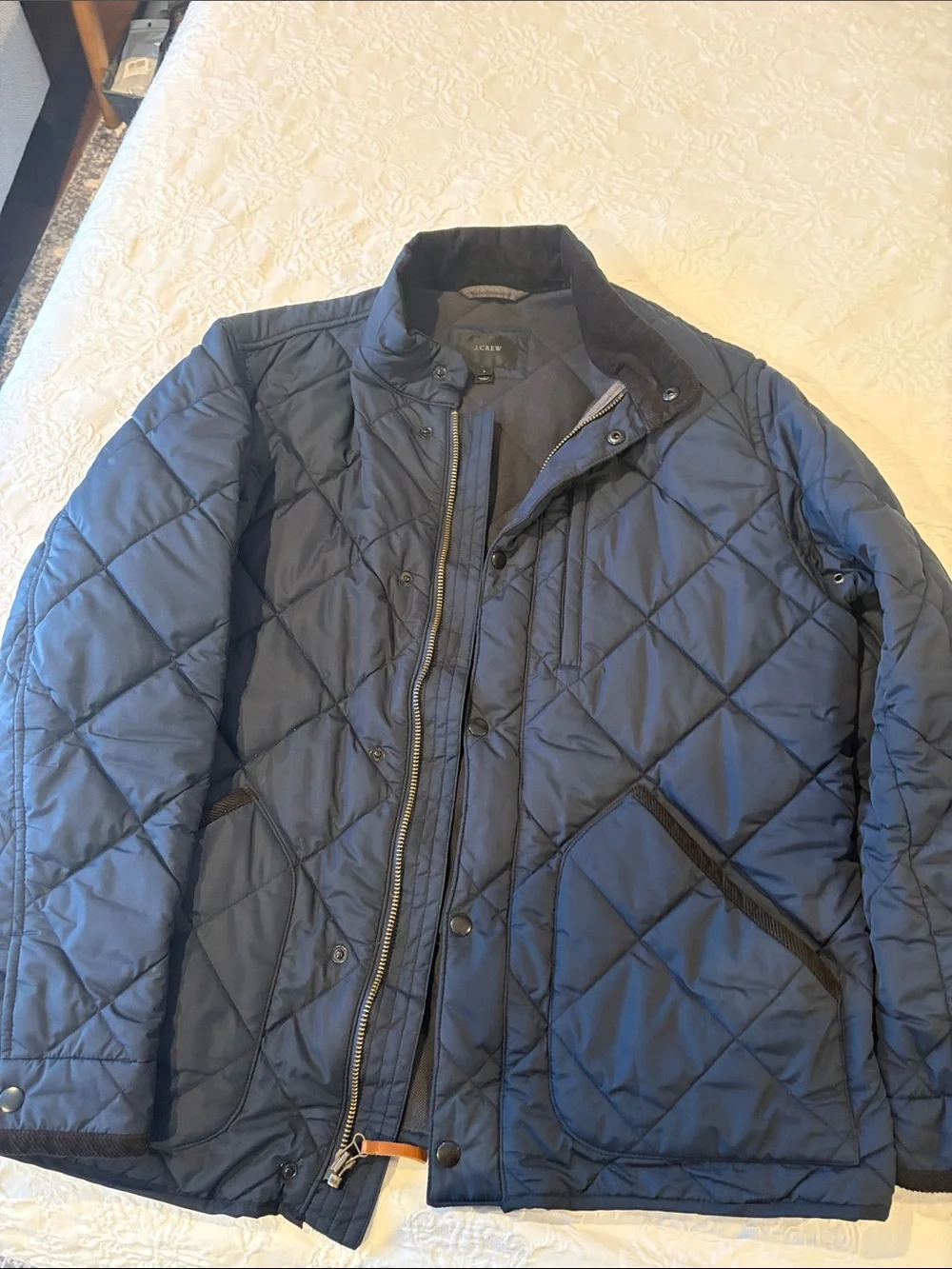 J. Crew Quilted Navy Blue Diamond-Paneled Puffer Jacket